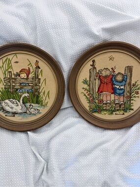 Vintage Large 14” Hummel Crewel Embroidery Framed Art Pair